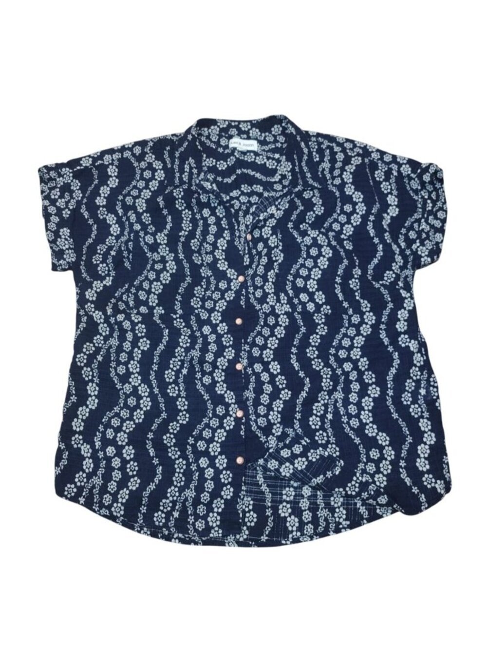 Alex & Jordan Womens Navy Floral Button-Up Blouse Short Sleeve Cotton Size M.